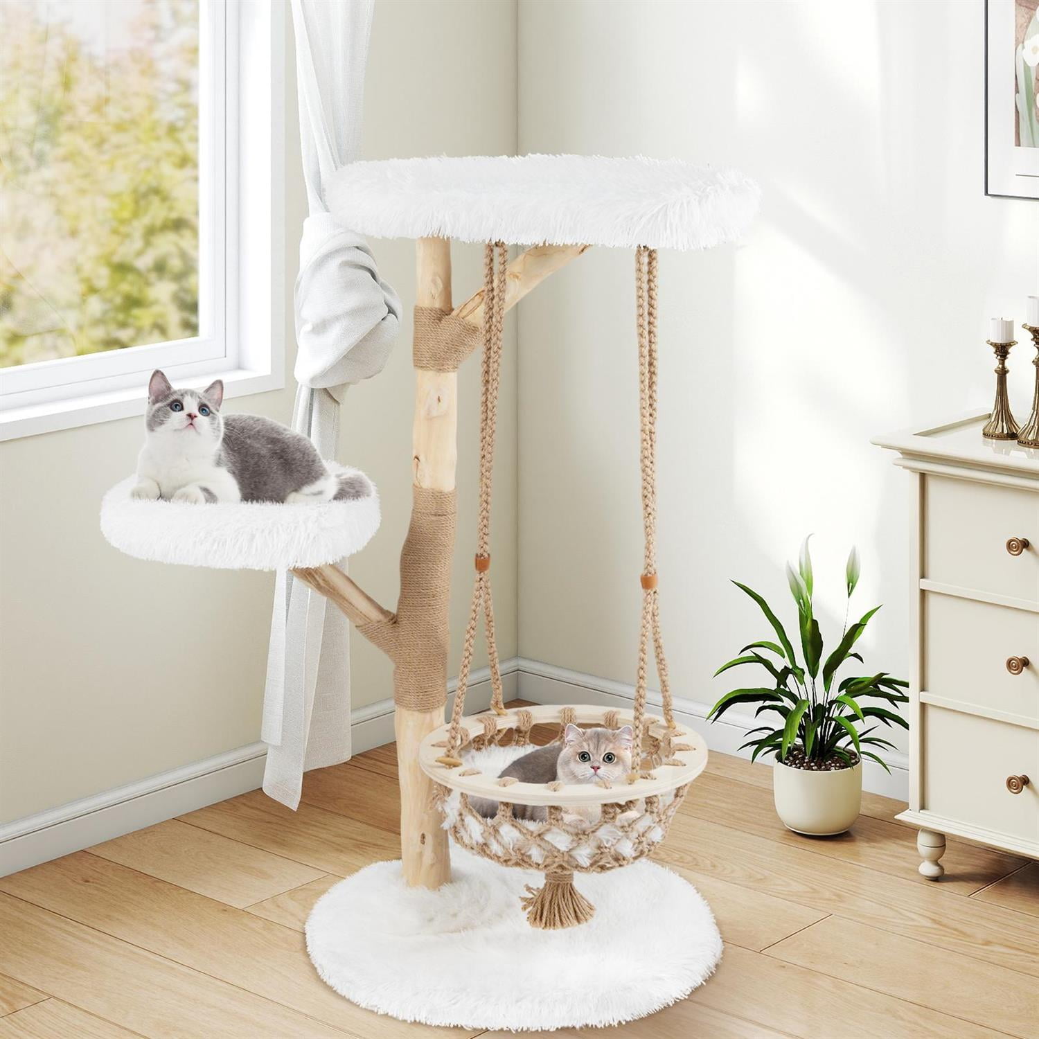 Pefilos 48.5" Solid Wood Cat Tree, Hanging Cradle & Jute Scratching Post, Top Perch & Anti-Toppling, Gray