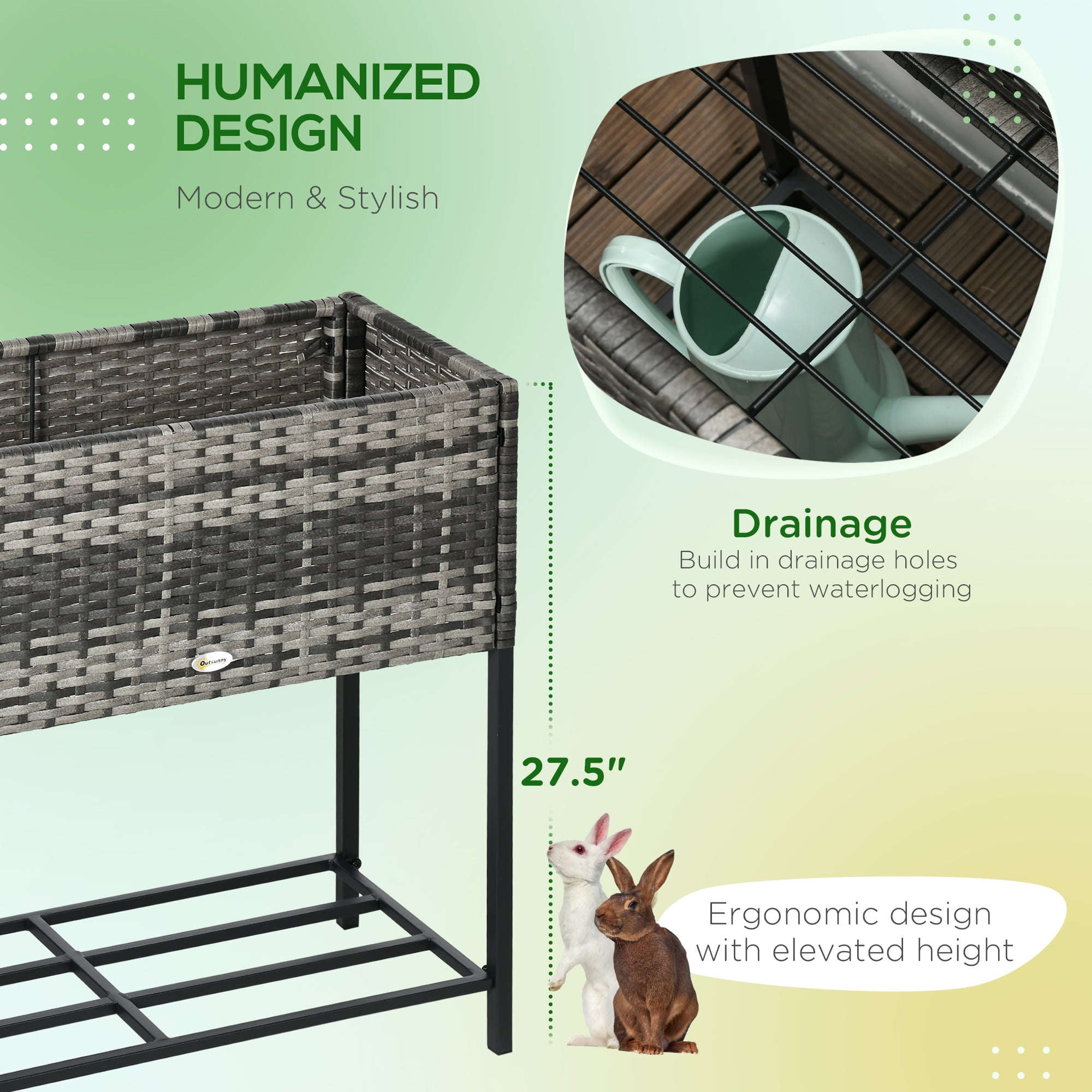 Raised Garden Bed, Elevated Planter Box with Rattan Wicker Look, Tool Storage Shelf, Portable Design for Herbs, Vegetables, Flowers, Gray