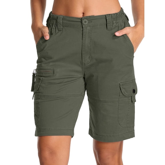 FEN AI Women's Cotton Summer Casual Shorts Multi-Pockets Relaxe-Fit Twill Bermuda Cargo Short for Travel Daily Work