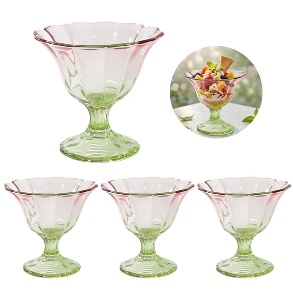 4 Pcs Glass Dessert Bowls, 9.3 fl oz Ice Cream Cups, Fluted Sundae Dishes with Footed Base, Colorful Serving Bowls for Fruit, Salad, Cocktails, Party Table Decor