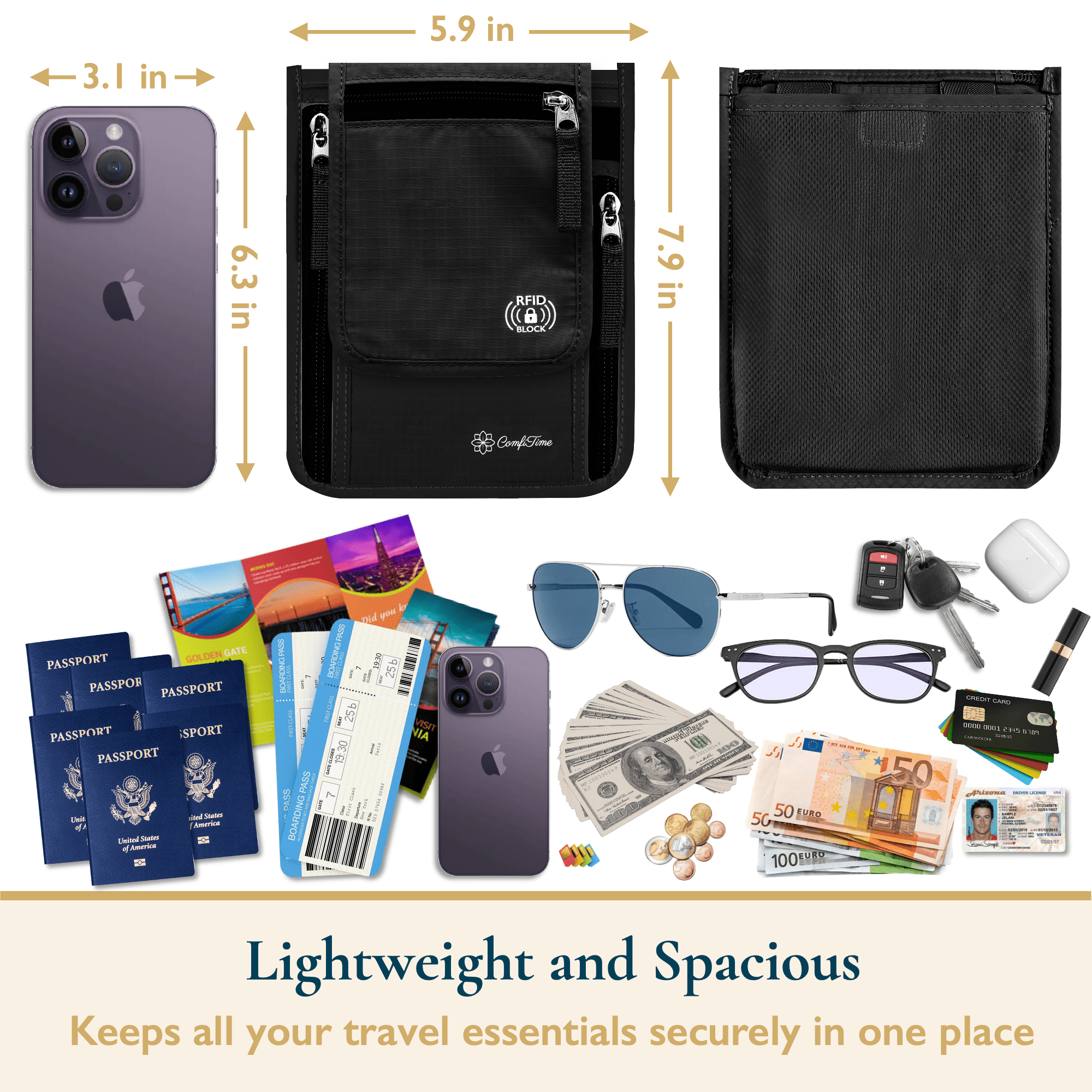 ComfiTime Passport Holder Neck Wallet - RFID Travel Wallet for Men, Women & Family, Anti Pickpocket Neck Crossbody Waist Pouch for Cruise, Gym, Hiking & Everyday Use, Lightweight Hidden Money Belt