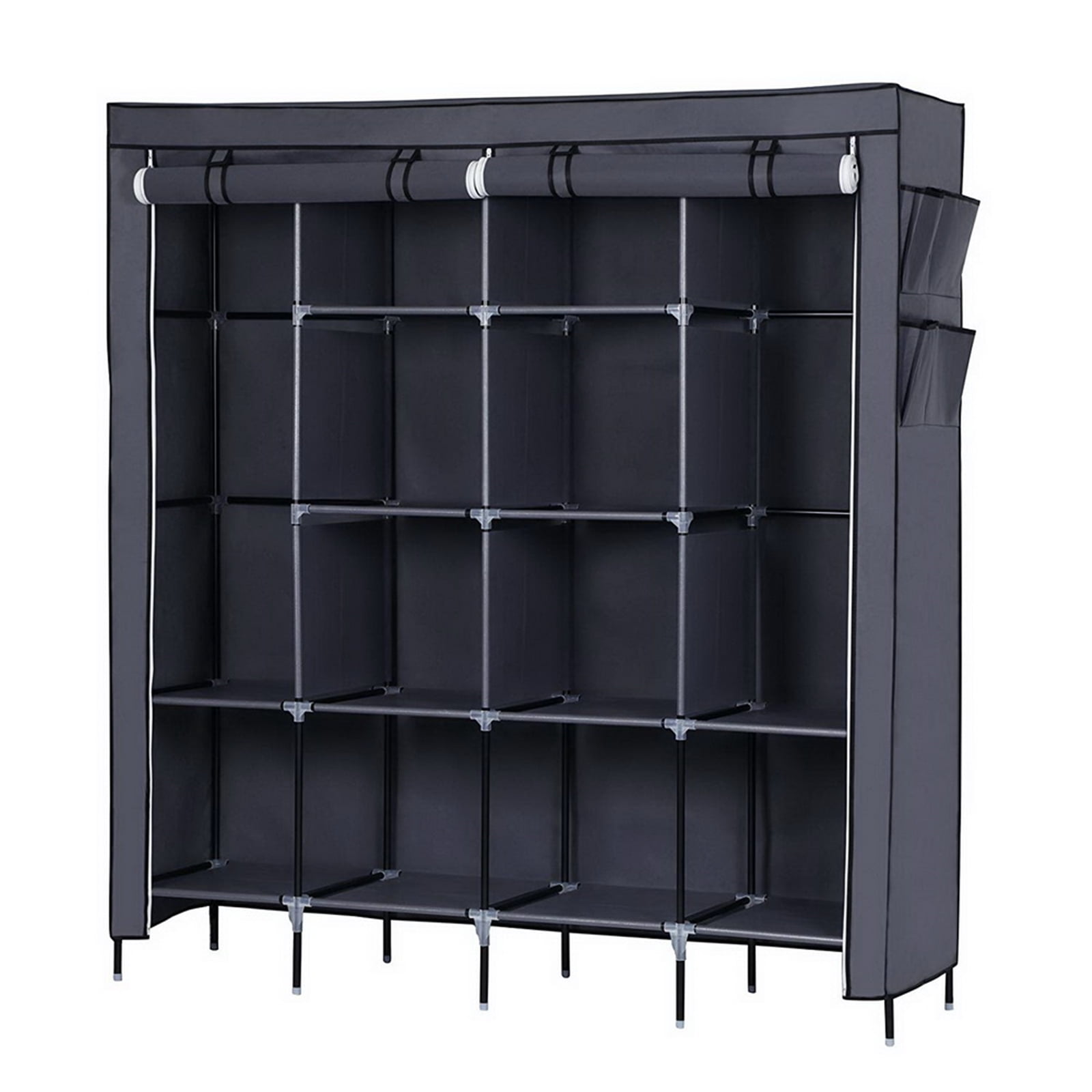 67" Clothes Closet Portable Wardrobe Clothes Storage Rack 12 Shelves 4 Side Pockets, Gray
