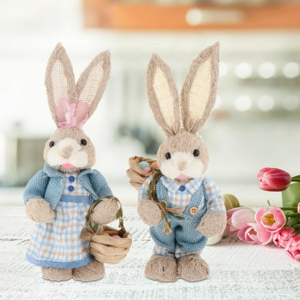 2 Piezas de Adornos de de Paja de Pascua, Figura de Conejo en Miniatura, Conejo de Paja Artificial para Mesa de Pascua, Decoración de Fiesta estilo D
