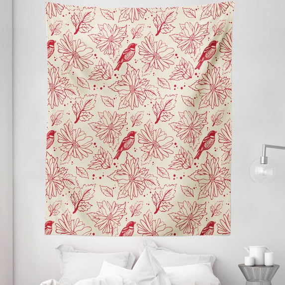 Floral Tapestry, Repeated Vintage Style Flowers with Leaves and Bird Illustrations, Fabric Wall Hanging Decor for Bedroom Living Room Dorm, 5 Sizes, Eggshell and Vermilion, by Ambesonne