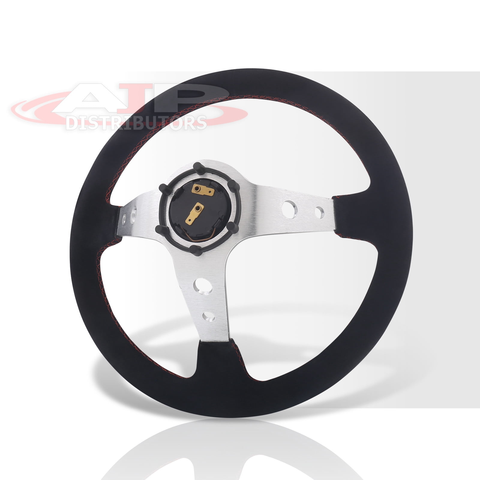 AJP Distributors JDM Sport Universal 350mm 14" Black Suede 6 Bolts Holes Steering Wheel Red Stitching Light Weight Aluminum Deep Dish Spokes + Horn Button Drifting Grip Replacement