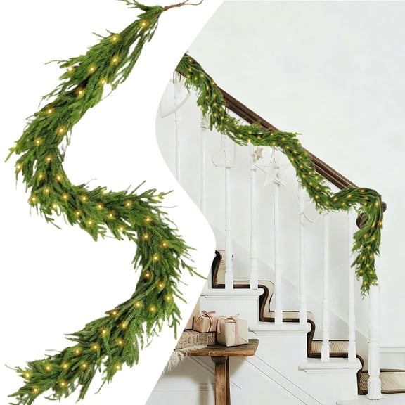 Pre-Lit Christmas Garland, Realistic Winter Greenery Garland with 70 LED Lights, Battery Operated, Indoor & Outdoor Holiday Home Decor 8.8ft