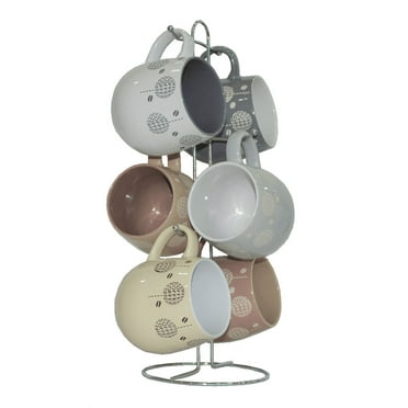 Marcelle, 6 Pc., Ceramic Coffee Mug Set with Metal Stand, 17oz