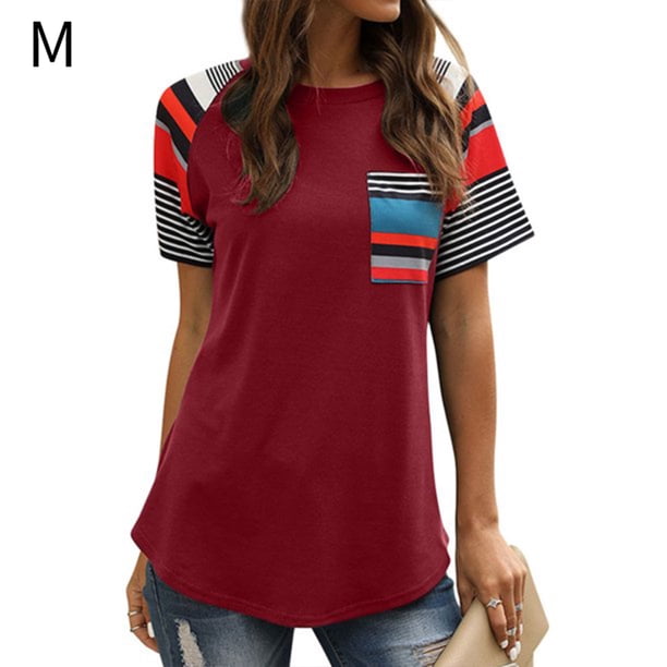 Camiseta de mujer Camiseta de manga corta con estampado de rayas Top Summer Causal T Shirt, Rojo, M AweSitey AP001701-17