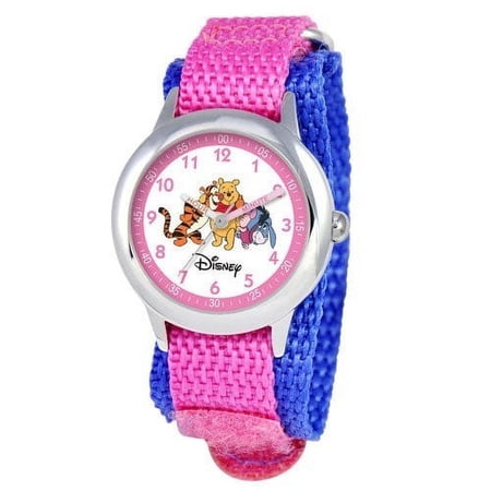 Pooh and Friends Girls'Stainless Steel Time Teacher Watch, Pink Nylon Strap