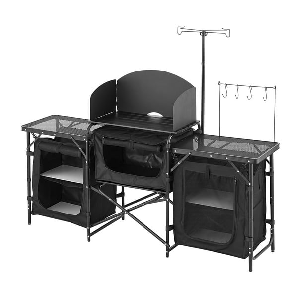 KFFKFF Outdoor Cooking Station, Portable Camp Kitchen Table, Constructed from Aluminum with Three Storage Cabinets, Comes with a Carrying Bag, Removable Wind Guard, Swift Assembly for BBQ Gatherings