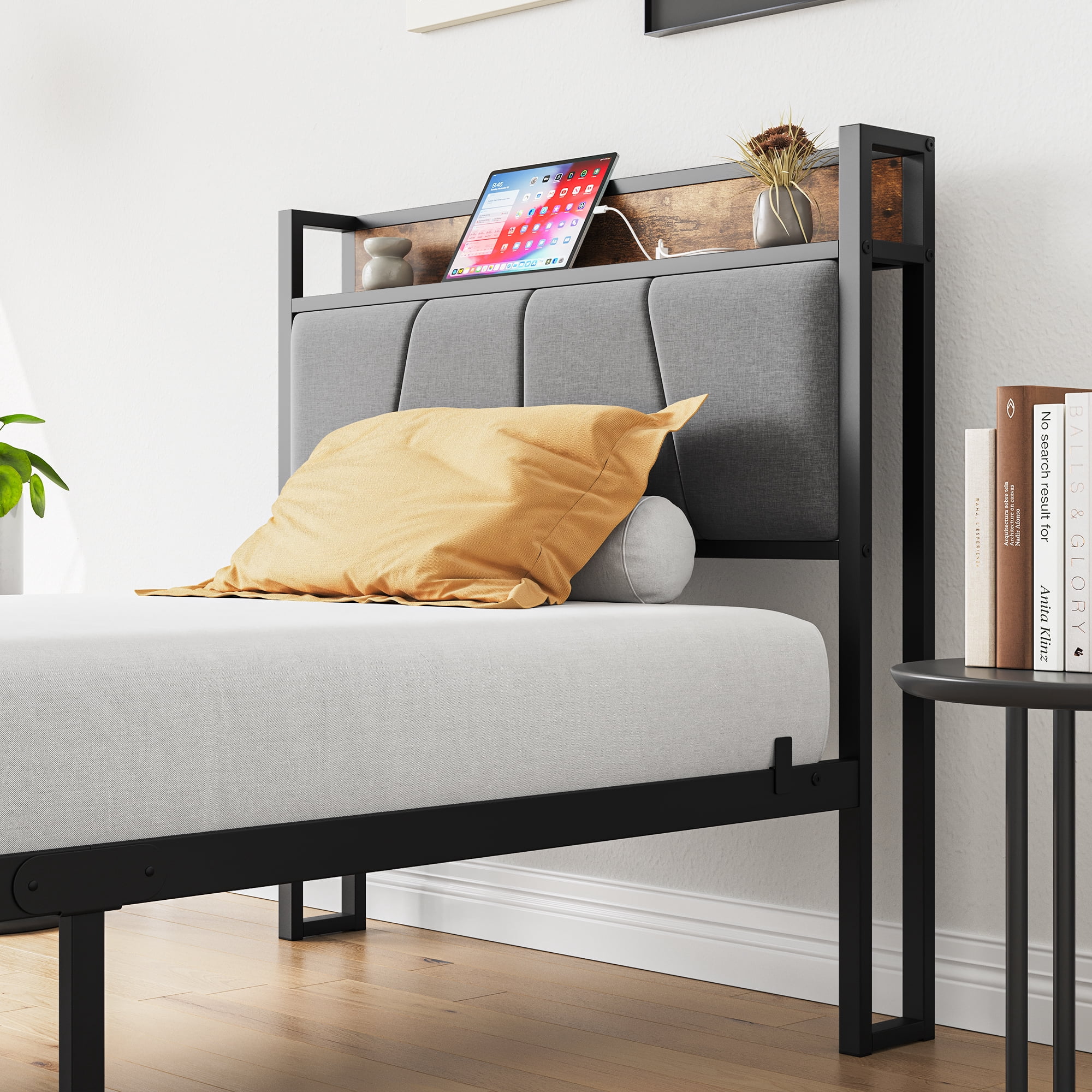 Twin Size Bed Frame, Storage Headboard with Charging Station, Solid and Stable, No Box Spring Needed