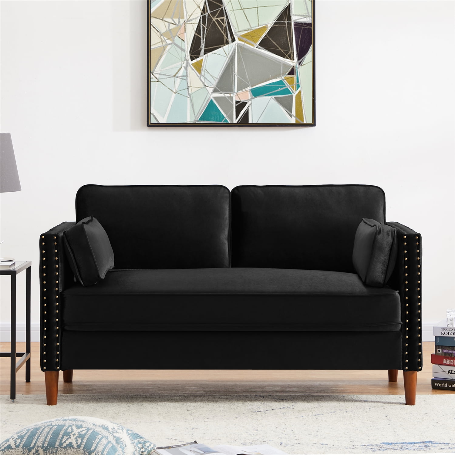 Private Jungle Velvet Loveseat Sofa Tufted Couch,Comfy Upholstered Settee Couch with wood Legs for Compact Space Apartment (Black)