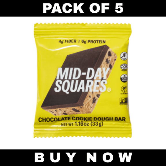 Mid-Day Squares Functional Chocolate, Cookie Dough Flavor, 1.16 oz Bars (Pack of 5)