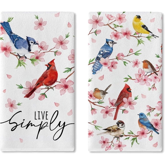 Spring Summer Birds Floral Kitchen Dish Towels Set of 2, Live Simply Cardinal Bluebird Drying Hand Towel Baking Cooking Cloth, Peach Blossom Flower Bathroom Home Decoration 18''x26''