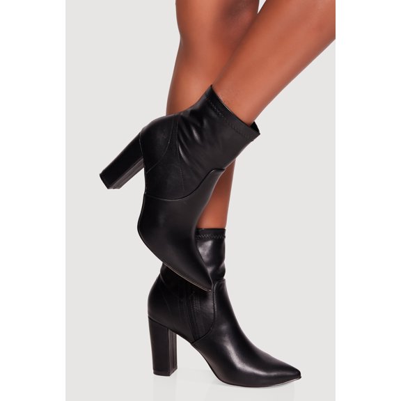Women's Pointy Toe Block Heel Faux Leather Ankle Booties