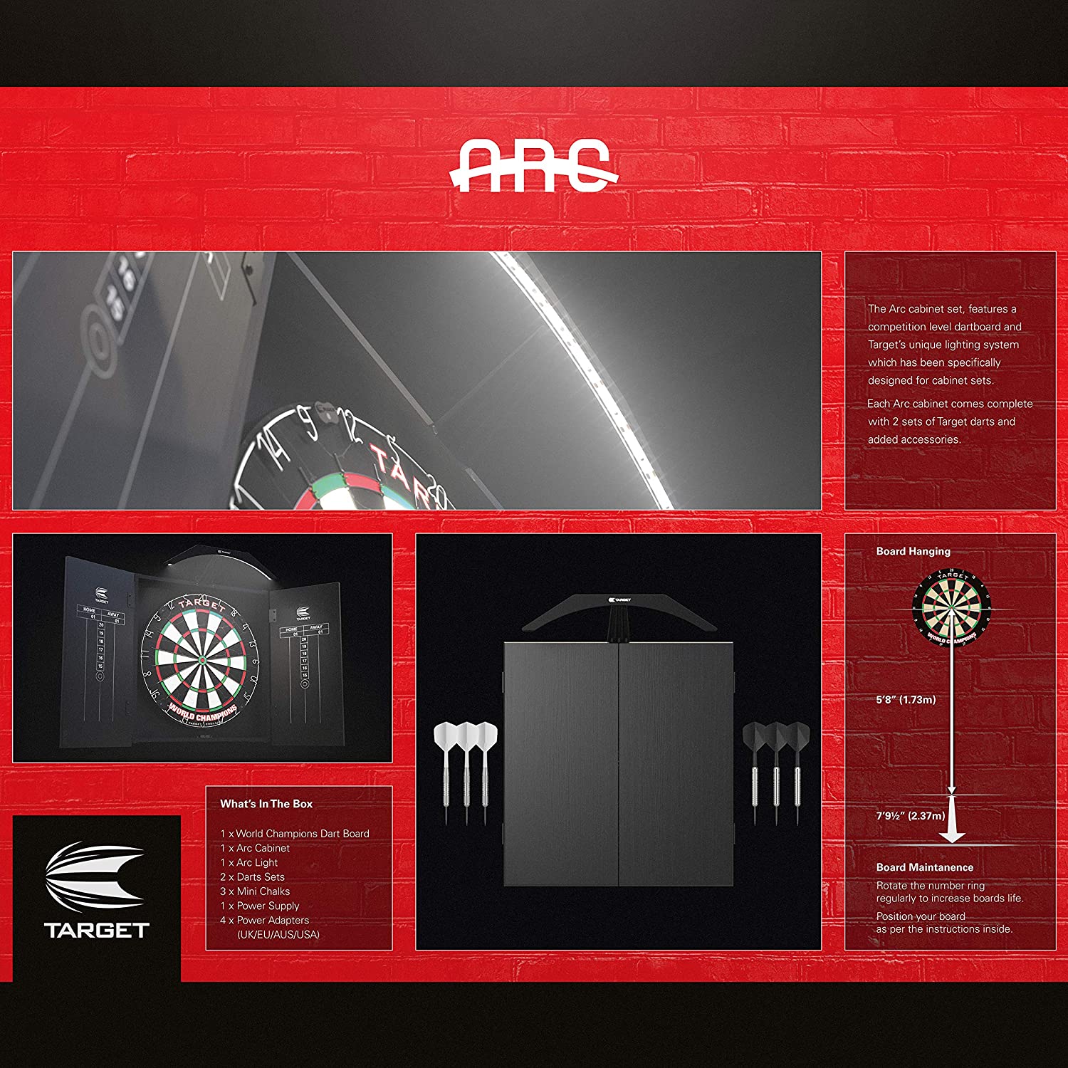 Target Darts Arc Dartboard Cabinet w/ Lighting System and Home Cabinet Set, Black