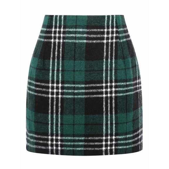 Yokua Women's High-Waisted Plaid Skinny Pencil Wool Miniskirt