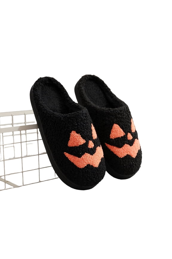 Women's Slippers Cute Orange Pumpkin Face Pattern Plush Fuzzy Warm Fur Lined Home Slippers Cozy Slip-On Indoor Winter Gifts Adults