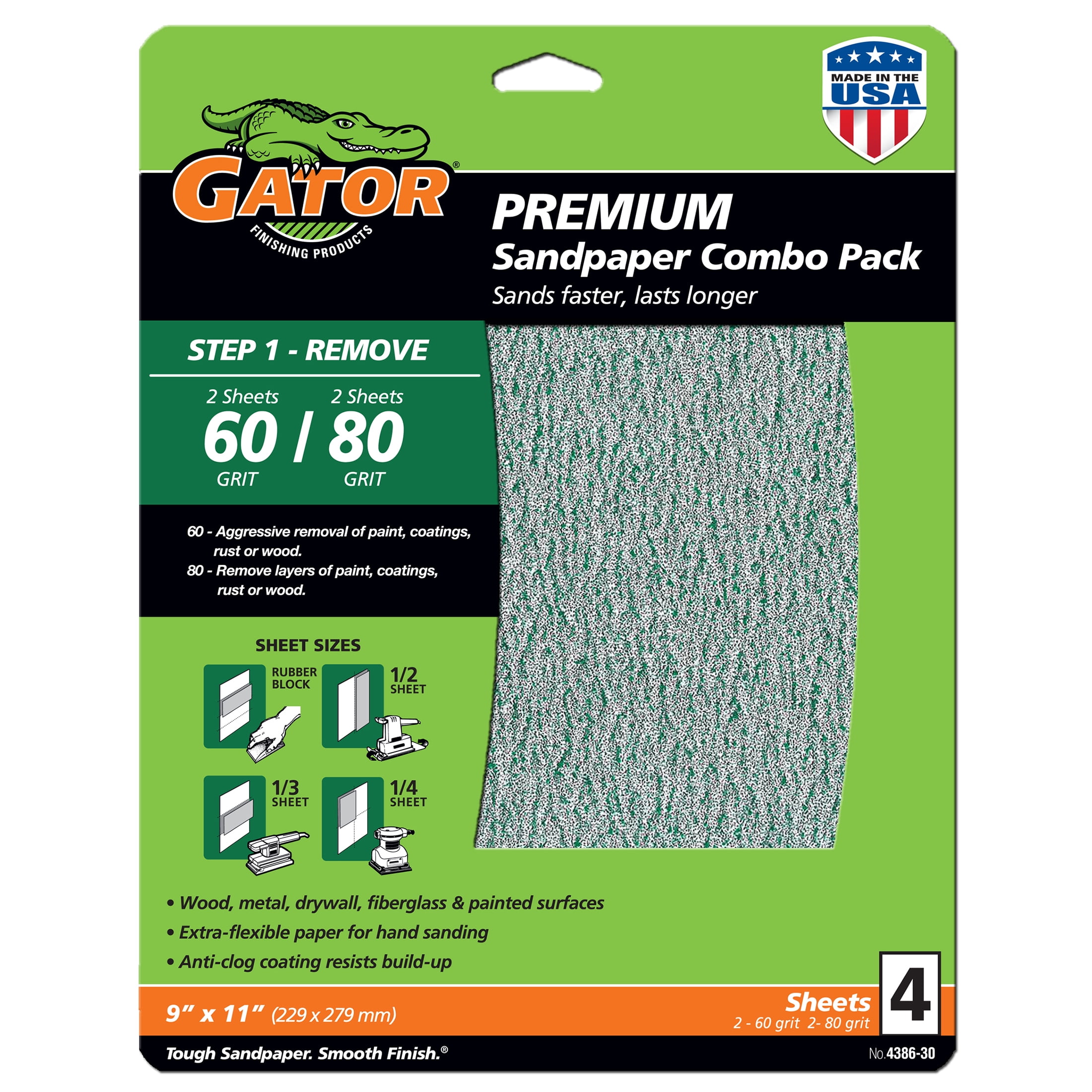 Gator Premium Multi-Surface Sanding Sheets 60, 80 Grit 4-Pack, 4386-30