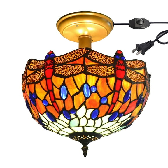 Kiven 11.8in Flush Mount Ceiling Light Fixture Dimmable, 2-Light Anti Glare Close to Ceiling Light with 15FT Plug-in Cord, Tiffany-Style Glass Chandelier for Bedroom Kitchen Hallway(No.3181)