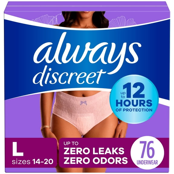 Always Discreet Adult Incontinence Underwear for Women and Postpartum Underwear, up to 100% Bladder Leak Protection, L Maximum, 76 Count (Packaging May Vary)
