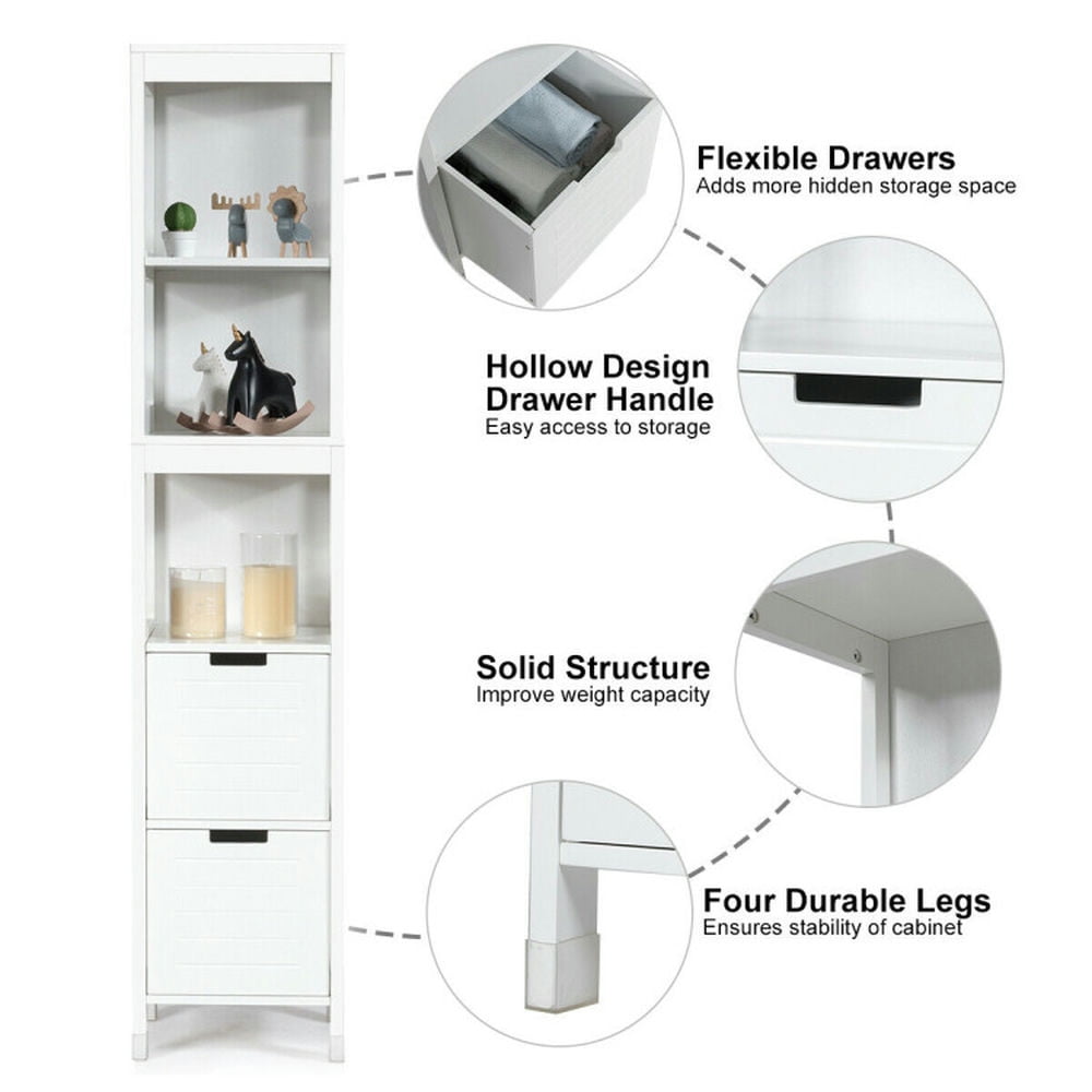 Finihen Bathroom Storage Cabinet, Bathroom Floor Cabinet, 5-Tier Multifunctional Bathroom Floor Cabinet Storage with 2 Drawers, for Bathroom, Living Room, Bedroom, Kitchen, White Finihen Bathroom Storage Cabinet, Bathroom Floor Cabinet, 5-Tier Multifunctional Bathroom Floor Cabinet Storage with 2 Drawers, for Bathroom, Living Room, Bedroom, Kitchen, White
