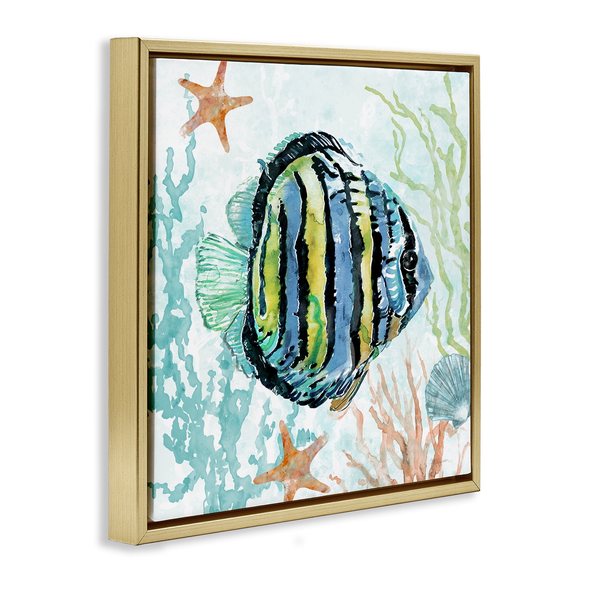 Stupell Industries Striped Angel Fish Animals Painting Gold Floater Framed Canvas Art Print Wall Art, 18 x 18