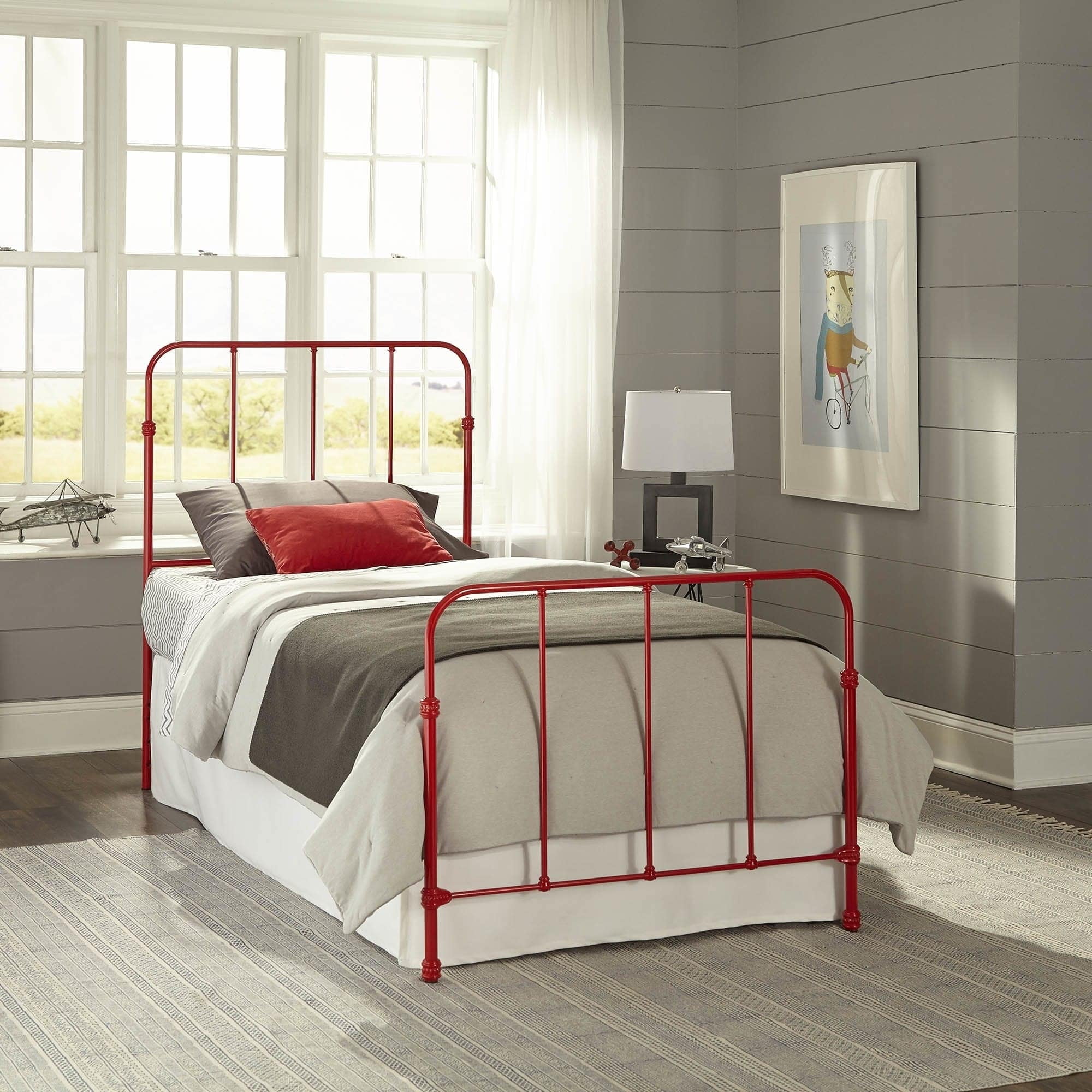 Nolan Fashion Kids Complete Metal Bed And Steel Support Frame With Fun Versatile Design Candy Red Finish Twin