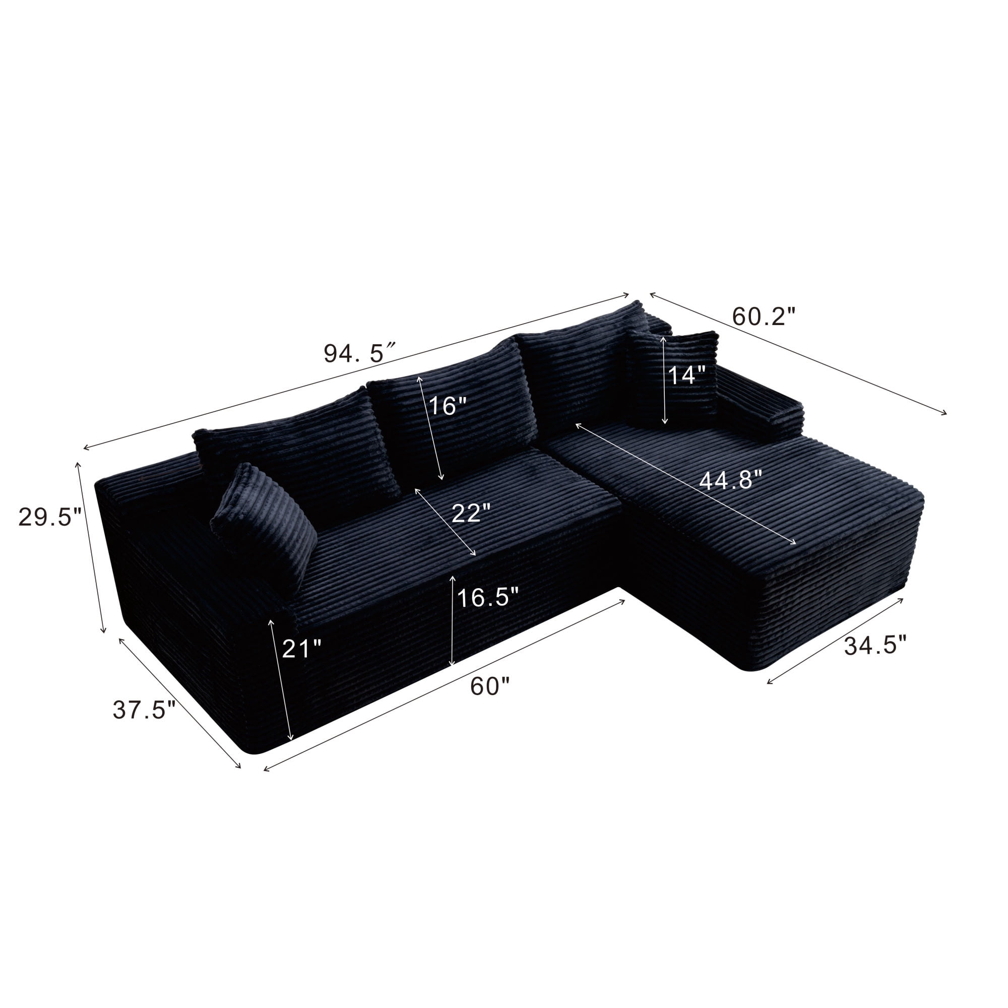 Leumius 94.5 Inch Modular Sectional Couches for Living Room,Modern Upholstered Deep Seat Cloud Couch,Corduroy L-Shape Sofas Couches,No Assembly Required,Black-Right Facing Chaise
