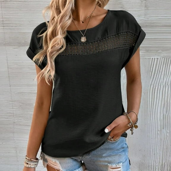 Tbopshirt Top for Women,Fashion Women's Summer Round-Neck Solid Short Sleeve Patchwork Top Blouse