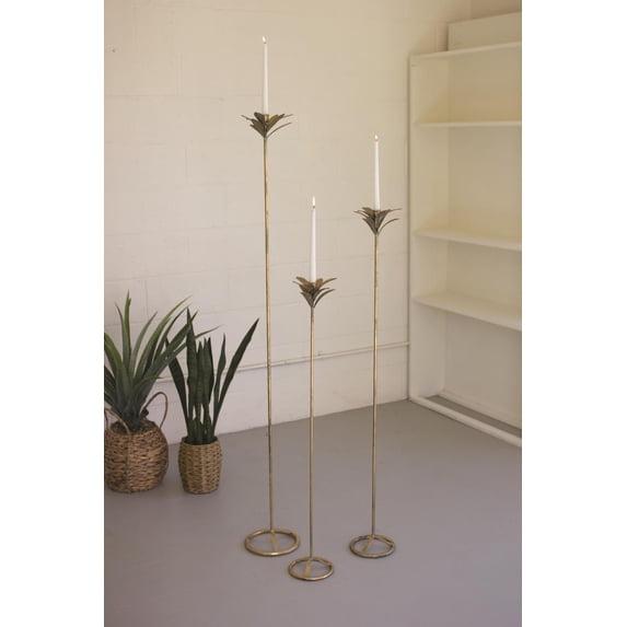 Set Of Three Floor Antique Brass Palm Taper Candle Towers