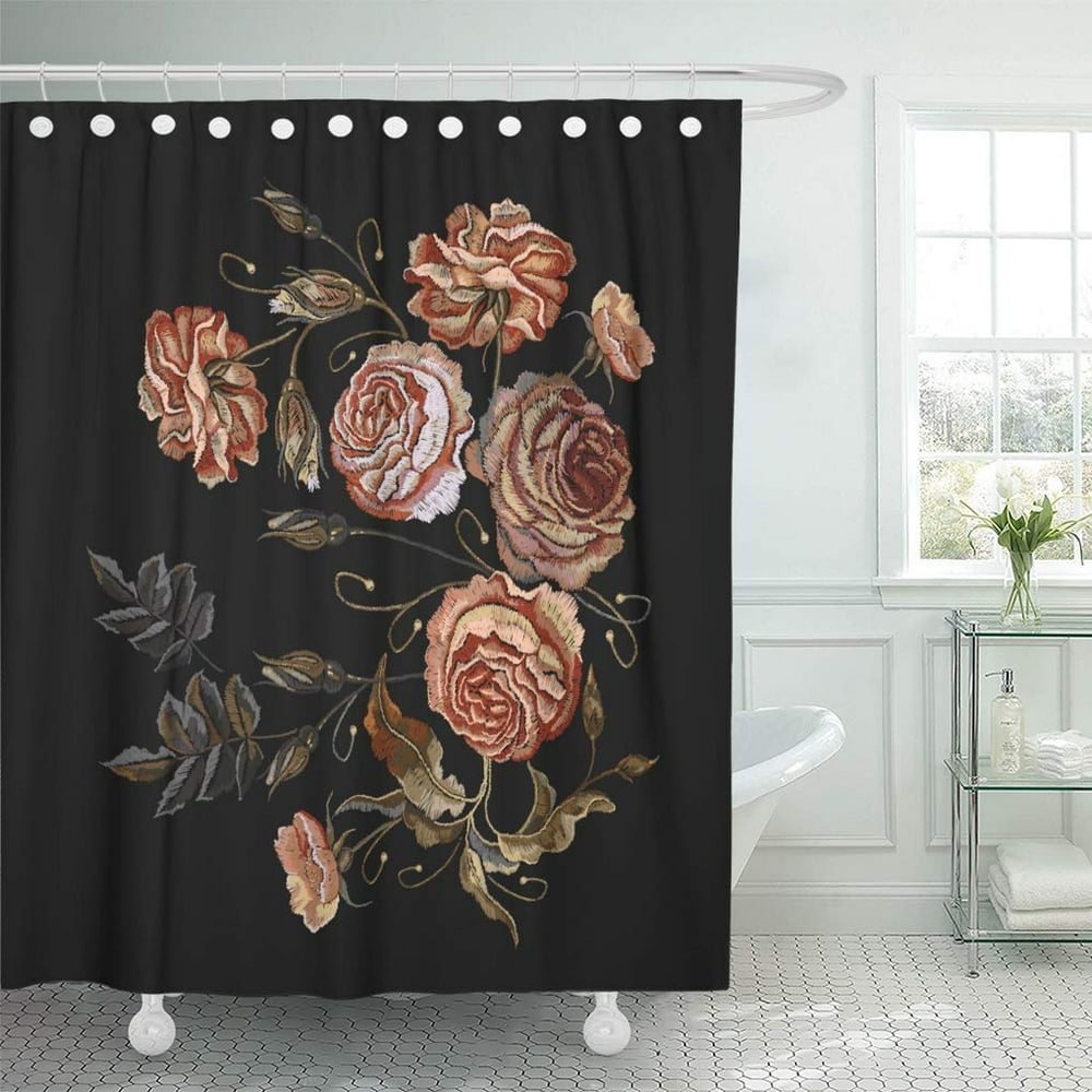 ATABIE Floral Roses Vintage Classical Buds of on Black Flowers Shower