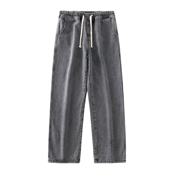 Mens Drawstring Wide Leg Jeans, Loose Fit Denim Trousers Casual Streetwear Pants with Elastic Waist for Daily Gray M