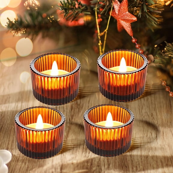 TickJOY Amber Votive Candle Holders Bulk Set of 4, Tealight Candle Holder for Wedding Table Centerpiece, Glass Small Candle Holders for Birthday Party, Valentine's Day, Home Decor (2''X 1.4'')