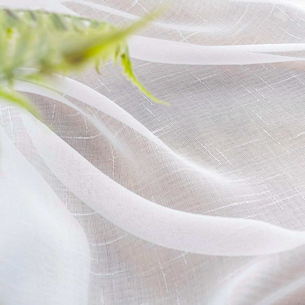 White Sheer Curtains 102 Inch Long 2 Panels, Thin Textured Linen Look Ceiling Curtains & Drapes for Living Room, Rustic See Through Window Treatments, Pinch Pleat Sliding Glass Door Curtain