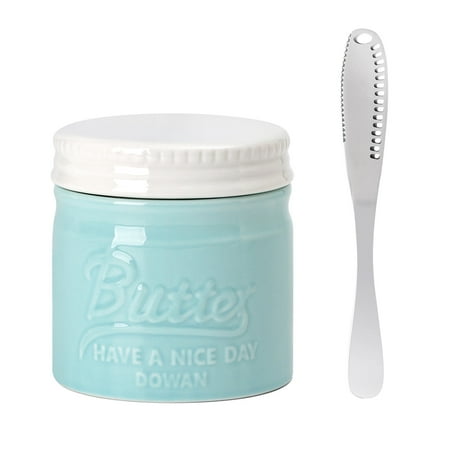 DOWAN 6.5Oz Ceramic Butter Crock with Lid &Knife Spreadable Porcelain Butter Keeper for Counter with Waterline Glazed French Butter Dish Embossed Blue