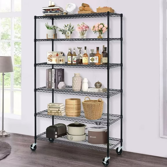 NiamVelo 6 Tier Wire Shelving Unit Adjustable Storage Shelves Rack with Wheels 6000 lbs Capacity Heavy Duty Metal Shelf for Adults, Black