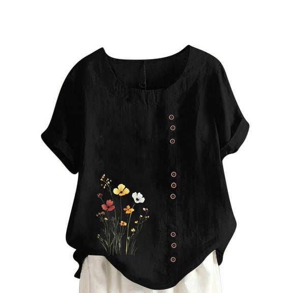 ZQUUVOU Womens T-Shirts Casual Crew-Neck Printed Floral Short Sleeve Button Tops(Black,2XL)