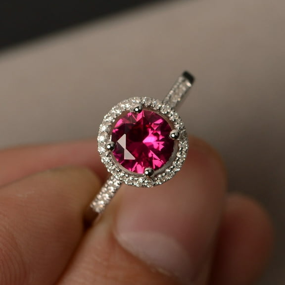 Halo Ring Ruby Gemstone Rings Round Cut Ruby Engagement Rings for Girl Promise Rings Sterling Silver 925