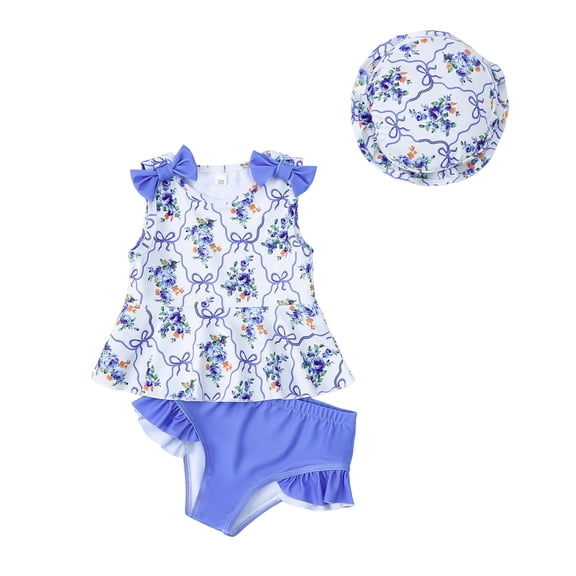Zanarzt Princess Bathing Suit Toddler Baby Girls 3 Piece Swimsuit Set Bathing Suit Baby Tankini Swimwear with Sun Hat Blue,3-4 Years