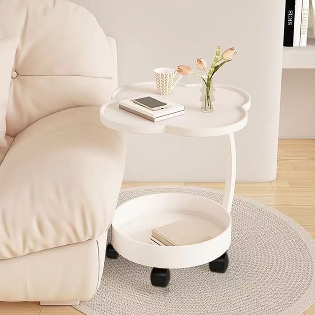 Mesa auxiliar moderna con ruedas y 4 hojas - Mesa auxiliar móvil color crema para sala de estar - Mesa nido de 2 niveles con ruedas - Estructura de hierro resistente