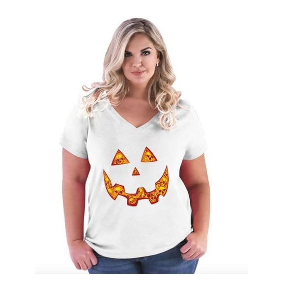 Women's Plus Size V-neck T-Shirt - Halloween Costume Pumpkin Face