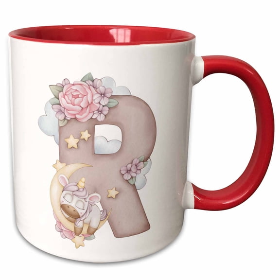 3drose, Cute Pink Unicorn Monogram Initial R, 11oz Two-tone Red Mug
