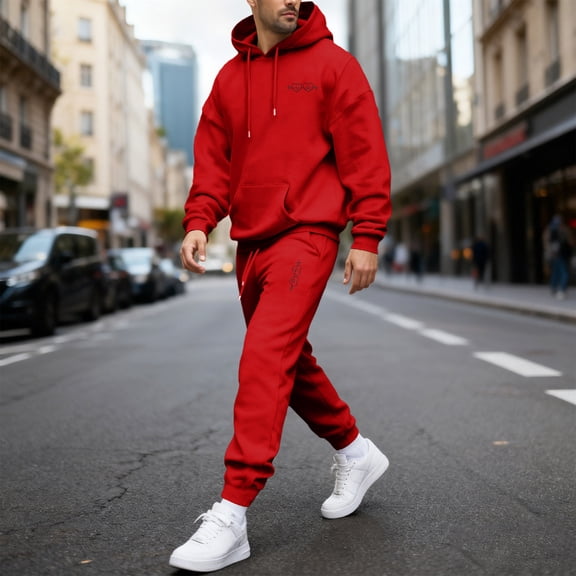 Yaoyar Mens Valentine's Day Love Print Hooded Pullover With Pockets Long Sleeves Elastic Waist Pockets Trousers Two-Piece Sports Suit