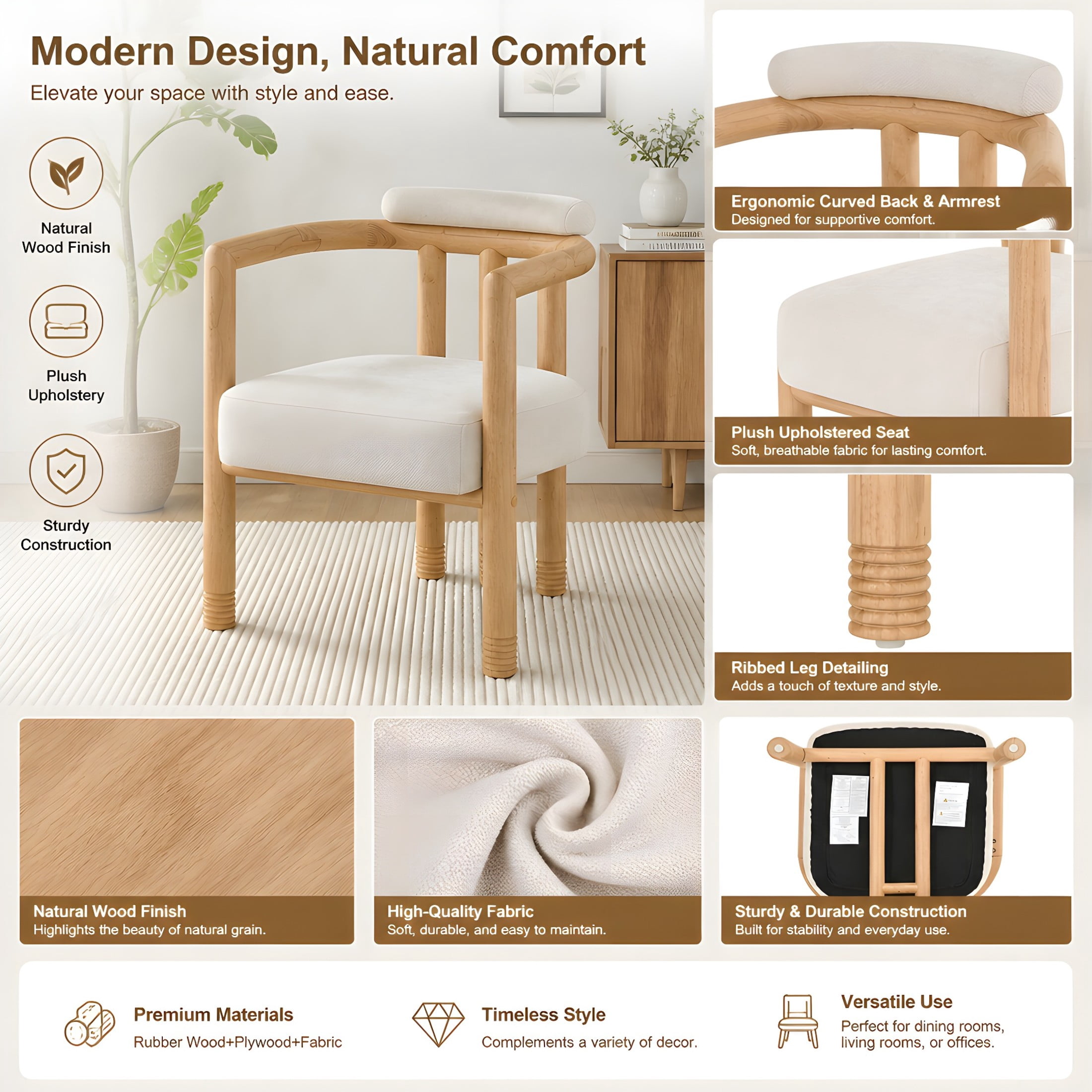 Christopher Knight Home 7-Piece Wood Dining Set, 70" Table with Upholstered Arm Chairs, Natural+Beige