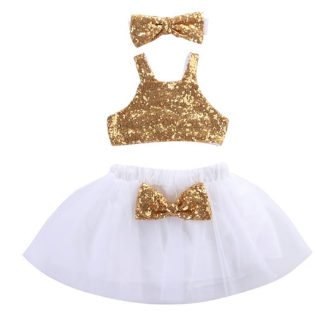 

Toddler Baby Girls Gold Sequins Design Tops Tutu Skirt and 3 Pcs Outfit Set
