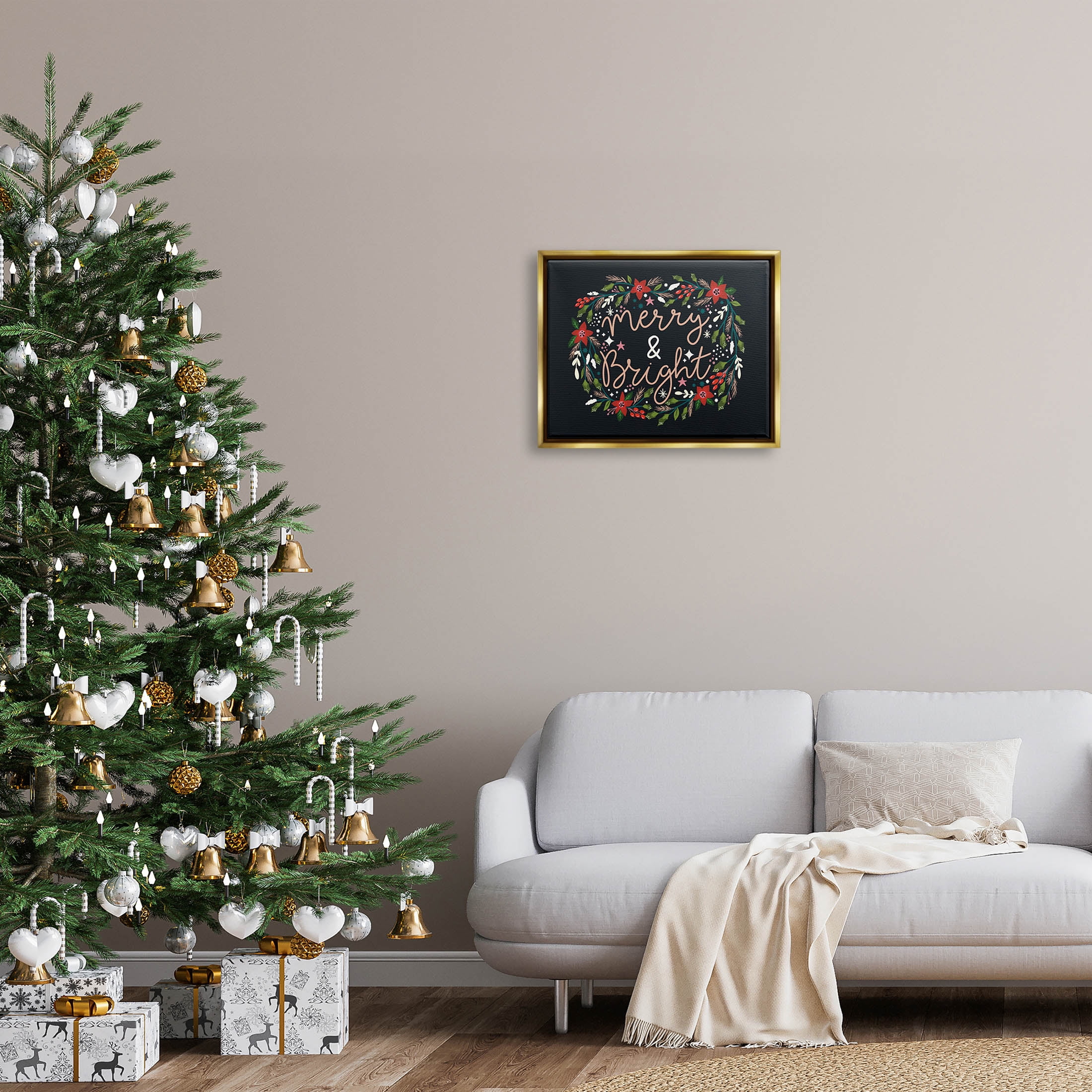 Merry & Bright Poinsettia Wreath Holiday Graphic Art Metallic Gold Framed Art Print Wall Art