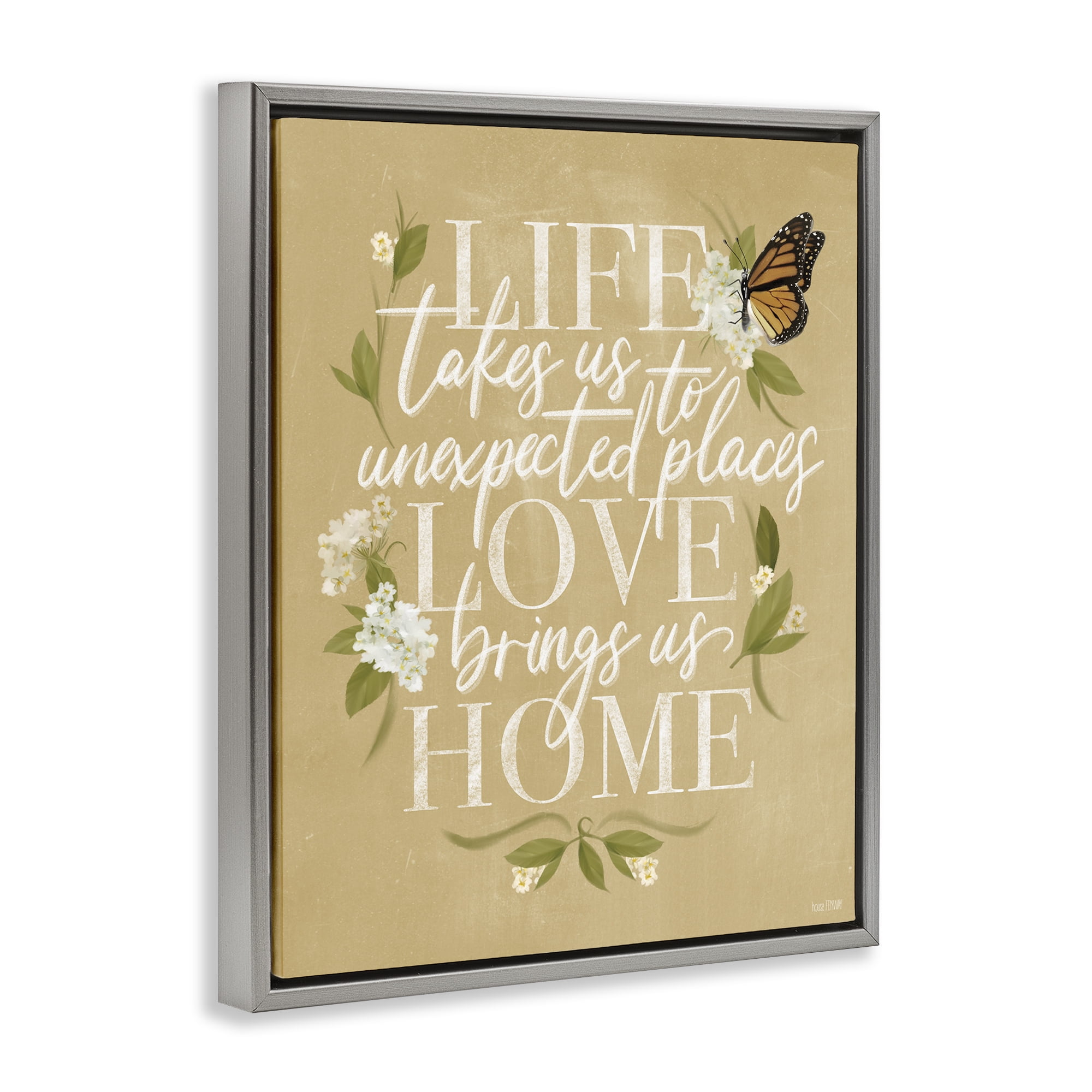 Stupell Industries Love Brings Us Home Botanical & Floral Painting Gray Floater Framed Art Print Wall Art, 17 x 21