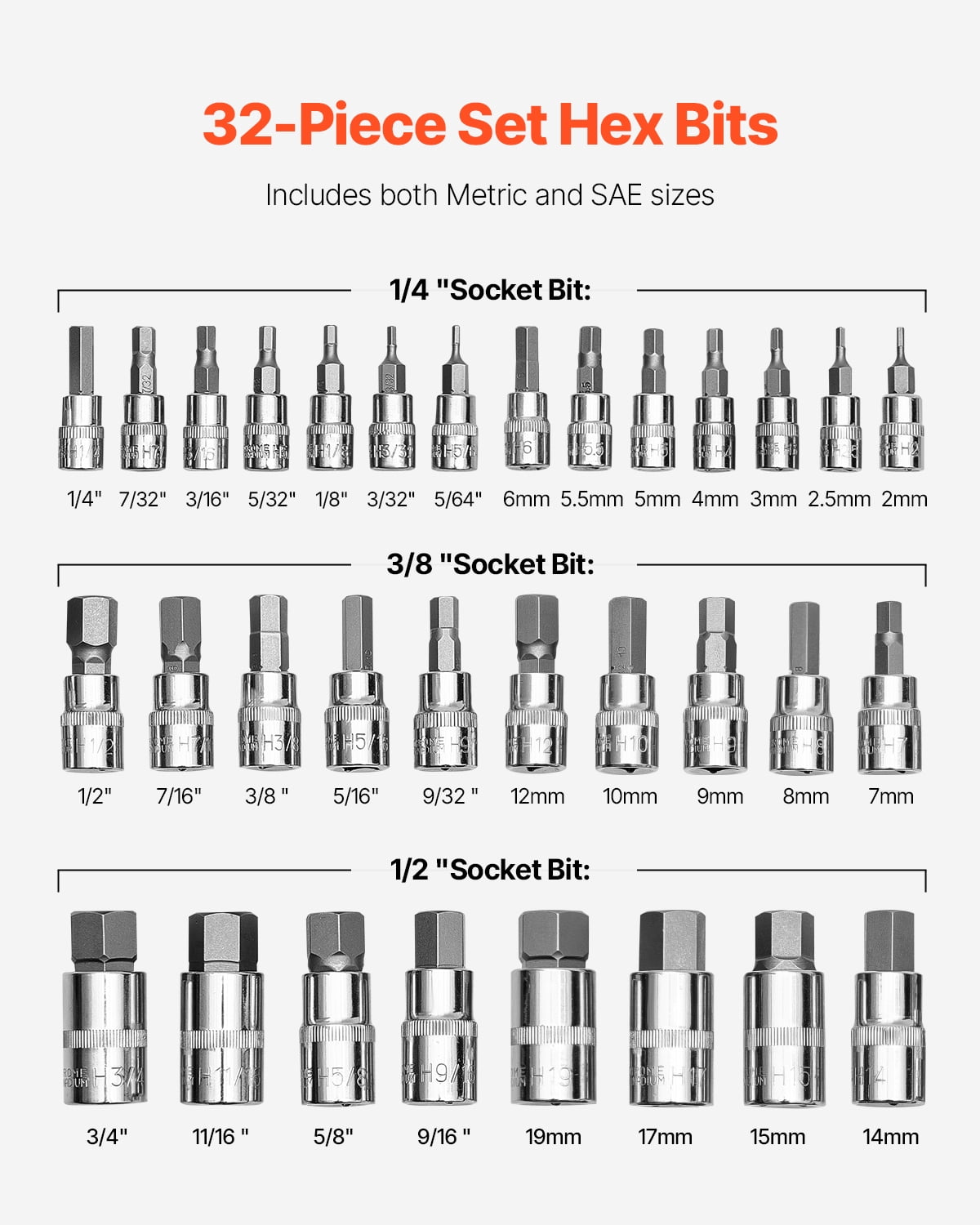 VEVOR Hex Bit Socket Set, 32-Piece, S2 Alloy Steel and Cr-V Steel, Standard SAE and Metric, 1/4 in, 3/8 in, and 1/2 in Drives, with Enhanced Storage Case, Allen Socket Set for Mechanics, Auto Repair