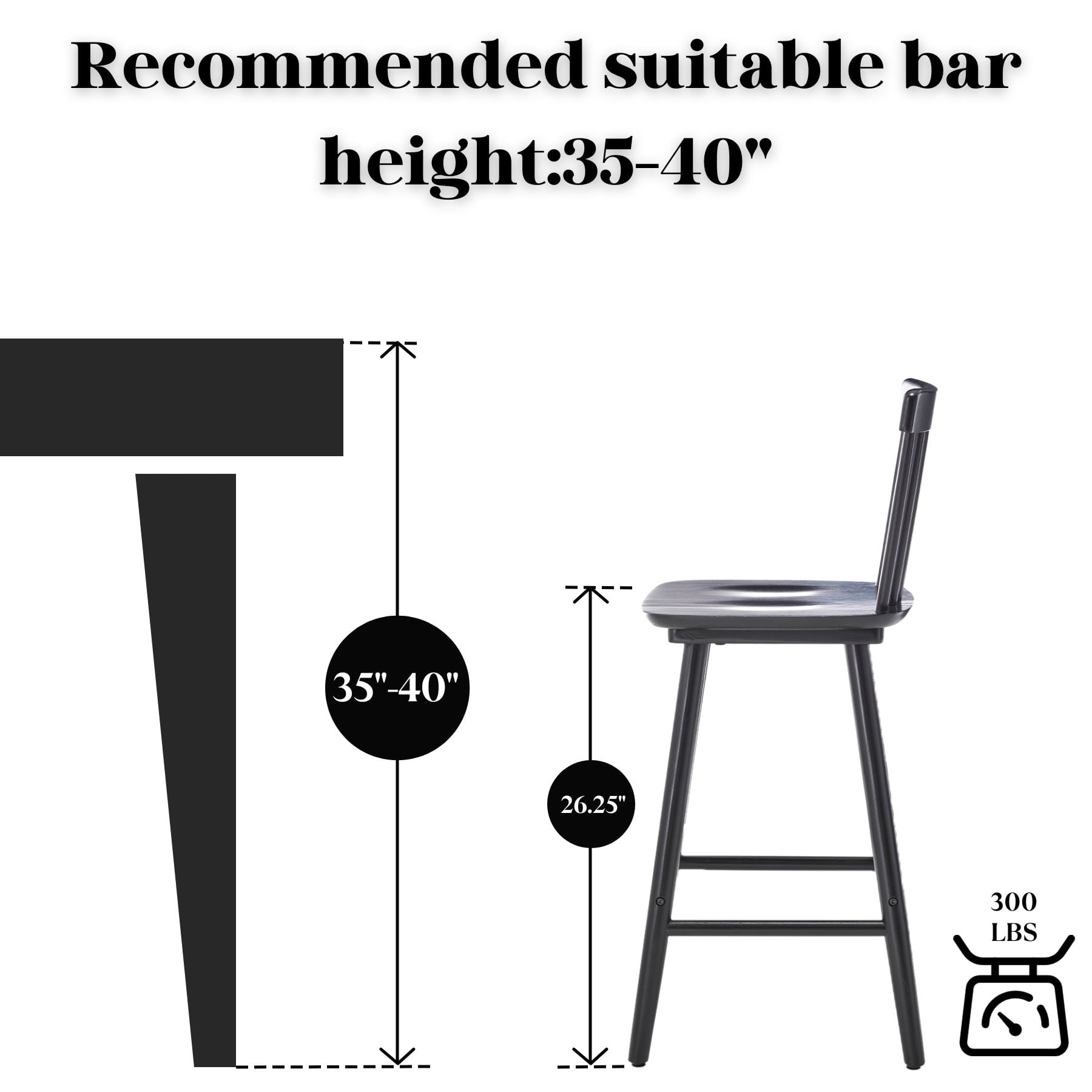 Dayalane Windsor Bar Stools Set of 2, 26" Farmhouse Wooden Counter Height Barstools with Spindle Back & Footrest, Armless Kitchen Island Stools for Bistro, Pub, Breakfast Bar,Black